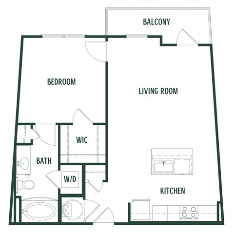 Floor plan for 1 bed, 1 bath, 725 sqft